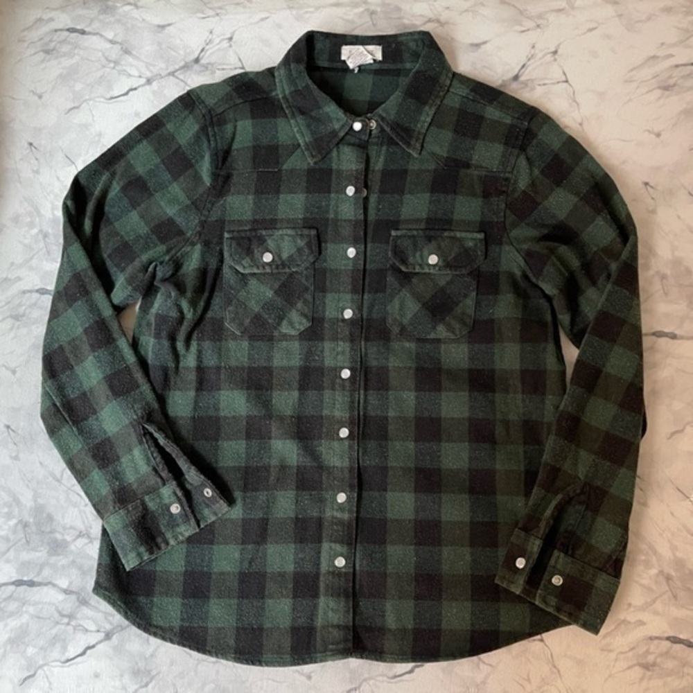 Green and Black Buffalo Plaid Pearl Snap Flannel Shirt L